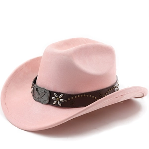 Detail of pink faux suede cowboy hat featuring metal studs and eagle buckle on the leather band