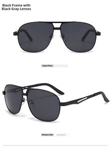 Detail view of black metal aviator sunglasses with polarized dark gray lenses and hollow temples