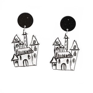Hand-painted acrylic castle earrings with black round studs for Halloween jewelry style