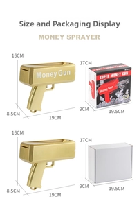 Golden money gun dimensions and packaging showing size 16x19x8.5cm with retail gift box