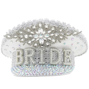 Sparkly white sequin bride military hat with pearls and rhinestones for wedding parties