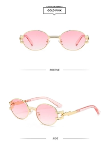 Detail view of gold pink steampunk oval sunglasses with unique lightning shaped metal temples