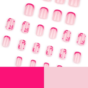 Pink French press-on nails with floral patterns and square shape on white background