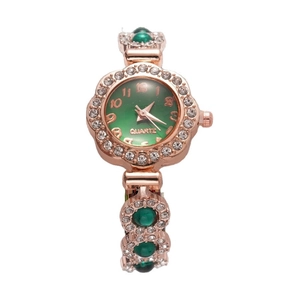 Rose gold quartz watch with emerald green dial and crystal adjustable chain bracelet