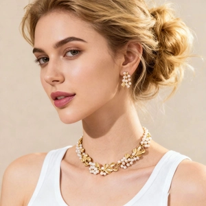Retro vintage floral pearl necklace and earrings set with gold leaf design for women