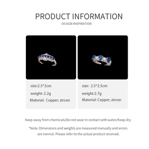 Détail de bagues en cuivre doré avec zircon bleu et spécifications du produit affichées