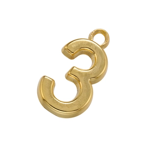 Detailed view of polished 18K gold plated number 3 pendant with a shiny metal finish