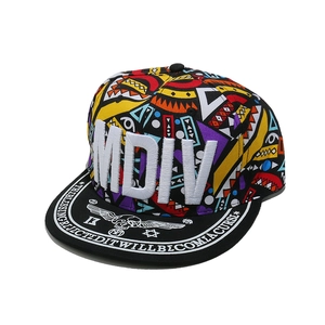 Hip hop flat brim baseball cap with 3D MDIV embroidery and geometric tribal pattern