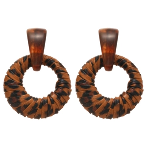 Leopard print woven hoop earrings with brown resin tortoiseshell stud accents