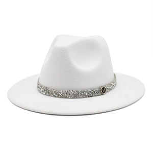 White wool felt fedora hat featuring a sparkling rhinestone band and metal M logo