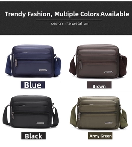 Detailed grid view of waterproof nylon crossbody bags in blue, brown, black, and army green