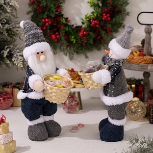 Standing Santa and snowman plush dolls with baskets for Nordic Christmas decoration
