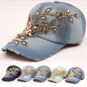 Women Denim Baseball Cap Floral Gold Embroidery Rhinestone Distressed Adjustable Fashion Sun Hat
