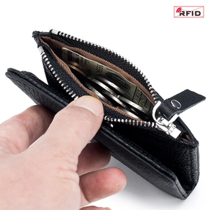 Cartera RFID delgada de cuero negro para mujer con bolsillo grande para monedas con cremallera