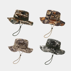Camouflage Boonie Hat Outdoor Tactical Sun Protection Wide Brim Fisherman Cap With Adjustable Wind Rope For Fishing Hiking
