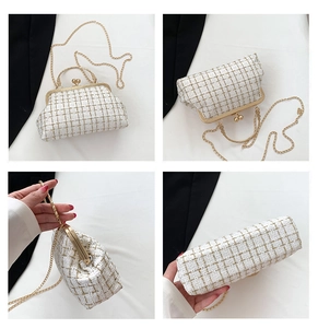Multiple views of a white tweed chain bag with gold hardware and elegant plaid patterns