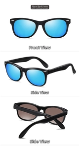 Detail view of bright black kids sunglasses with ice blue reflective lenses and silver rivets