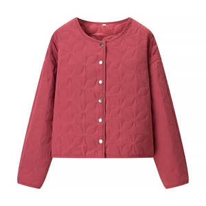Women's red quilted short jacket with round neck and metallic buttons on white background