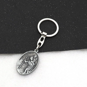 Religious St Christopher St Anthony Relief Oval Pendant Metal Keychain Retro Zinc Alloy Antique Bag Car Accessory