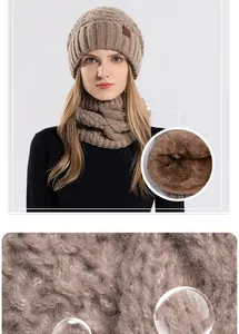 Winter knitted hat set with thick fleece lining and water-resistant outer fabric