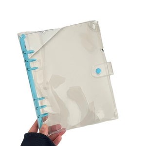 Transparent PVC 6-hole A5/A6 binder cover with light blue clip and snap button