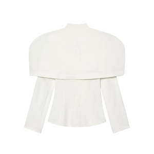 Back view of elegant white slim fit blazer featuring a sophisticated cape design and thick fabric