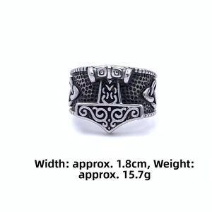 Detail view of vintage stainless steel Viking Mjolnir ring with dimensions and weight info