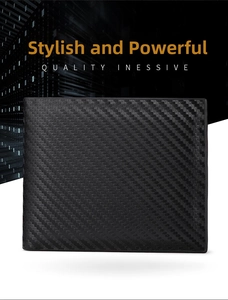 Detail of bifold wallet featuring premium black carbon fiber weave texture for men