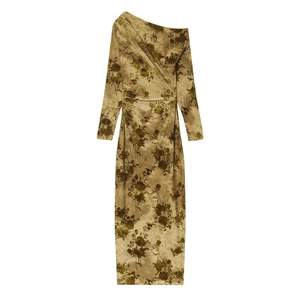 One Shoulder Long Sleeve Dress Floral Burnout Velvet Ruched Slim Fit Elegant Vintage Evening Socialite Party Women