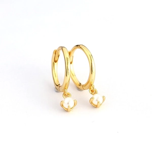 Minimalist S925 silver gold hoop earrings with white pearl pendants on white background