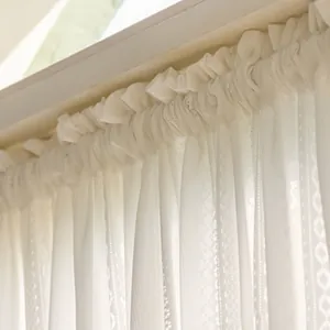 White minimalist French lace curtain with elegant wave pleated texture and sheer embroidery
