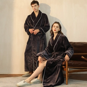 Plush charcoal flannel couple robes with contrast piping and waist tie closure