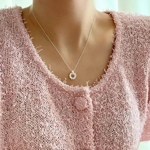 Elegant 925 sterling silver necklace with textured round ring pendant on O-chain