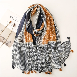 Sciarpa Patchwork Etnica Poliestere Voile Con Nappine Stampa Geometrica Boho Scialle Lungo Da Donna