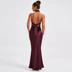 Elegant wine red backless satin maxi dress with large bow detail and mermaid hem
