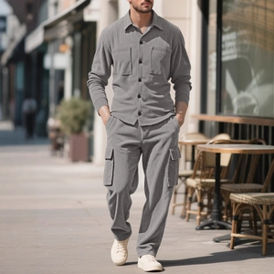 Men's grey corduroy two-piece set featuring long sleeve shirt and cargo pants in street style