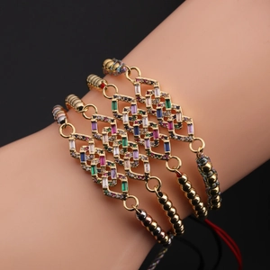 Geometric Bracelet Copper Beads Colorful Cubic Zirconia Adjustable Hand Woven Rope Bohemian Jewelry For Women