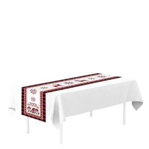 Chemin de table de Noël avec gnomes et motifs de cerf avec bordure à carreaux rouge et noir