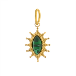 Detail of vintage gold starburst pendant with inlaid green malachite stone texture