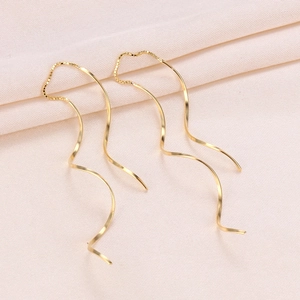 Elegant gold S925 silver long wave threader earrings with spiral geometric design