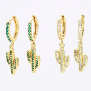Cactus Hoop Earrings Copper Gold Plated Cubic Zirconia Tropical Plant Fashion Jewelry Women