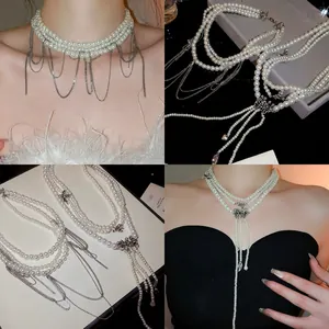 Collier Künstliche Perles Multicouches À Gland Vintage Élégant Style Français Bijoux Femme Acier Inoxydable Alliage Pendentif Cœur