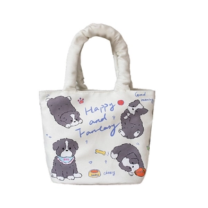 Cute white canvas bucket bag with cartoon sheepdog and ruffled handle design