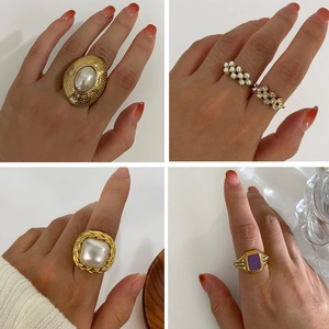 Vintage 18K Gold Plated 316L Stainless Steel Ring With Imitation Artificial Pearl Zircon Purple Enamel Geometric Style For Women