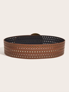 Close-up of brown PU leather belt with hollow metal eyelets and bronze round buckle