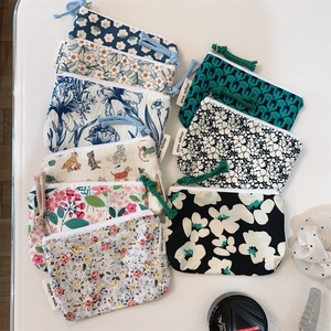 Floral Print Cotton Canvas Coin Purse Zipper Storage Bag For Cards Lipstick Earphones Portable Travel Makeup Pouch