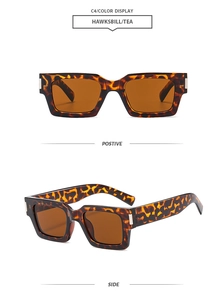 Detail view of square tortoiseshell sunglasses with brown lenses and silver metal rivets