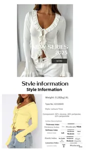Detail view of V-neck ruffle cardigan showing fabric composition and material specifications