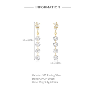 Detailed spec view of long tassel 925 silver earrings with zircon dimensions and weight