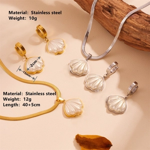 Shell jewelry set with crystal accents, stainless steel necklace and earrings on a stand